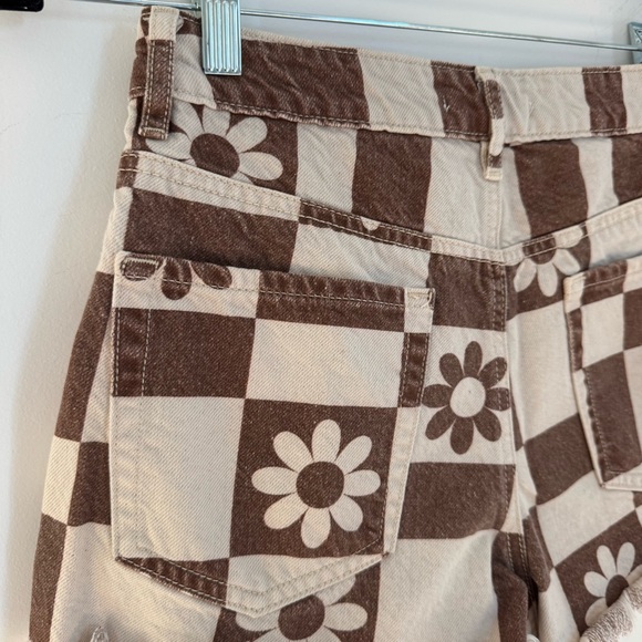 PACSUN Eco Flower Checkerboard High Waisted Denim Festival Shorts Size 26 - Picture 7 of 8